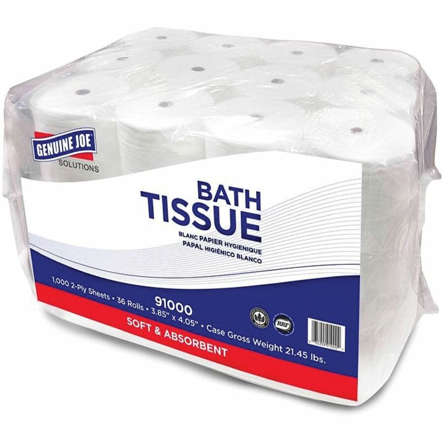 Genuine Joe Solutions Double Capacity Bath Tissue - 2 Ply - 1000 Sheets/Roll - 0.71" Core - White - Virgin Fiber - 36 / Carton