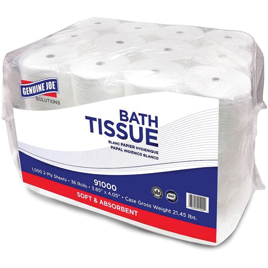 Genuine Joe Solutions Double Capacity Bath Tissue - 2 Ply - 1000 Sheets/Roll - 0.71" Core - White - Virgin Fiber - 36 / Carton
