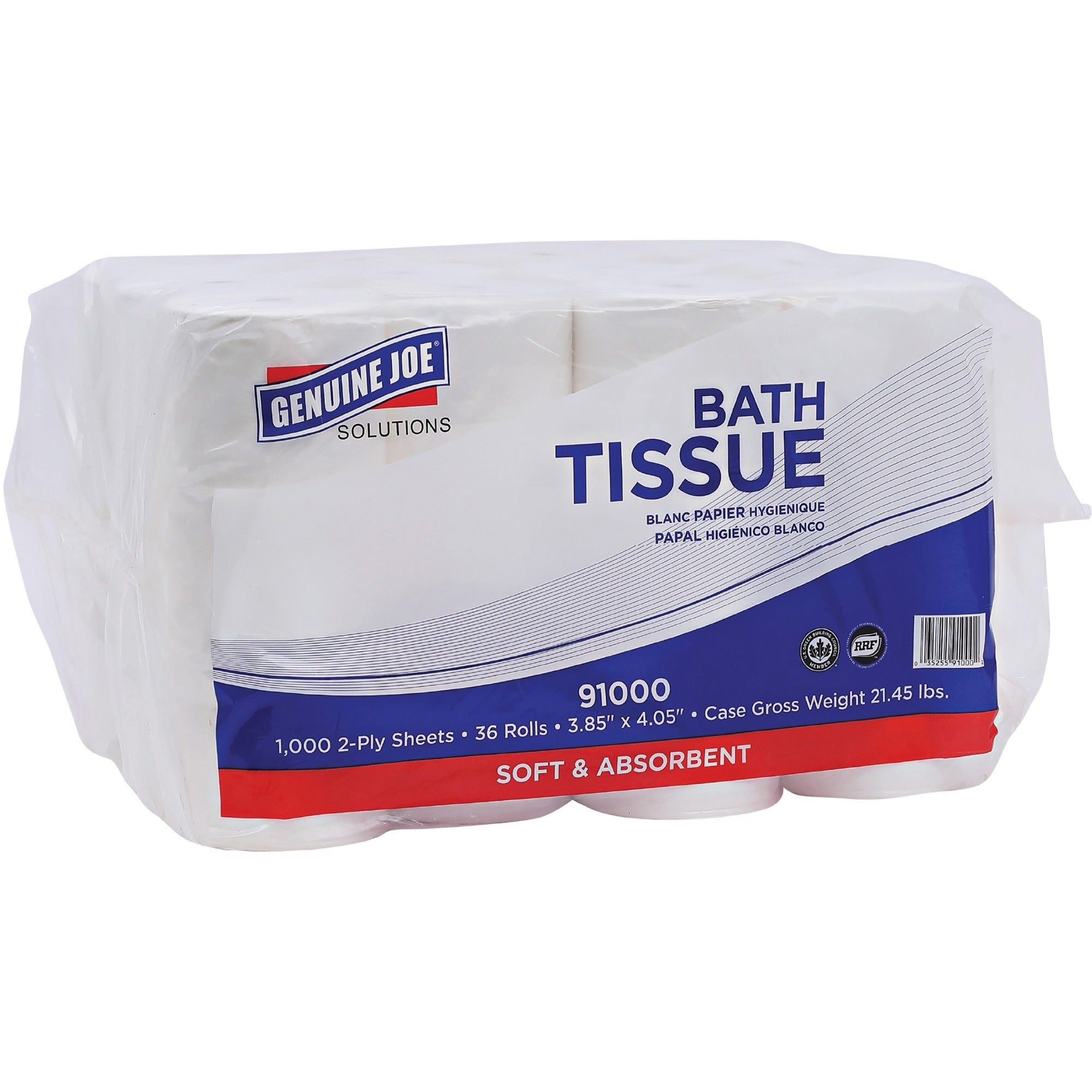Genuine Joe Solutions Double Capacity Bath Tissue - 2 Ply - 1000 Sheets/Roll - 0.71" Core - White - Virgin Fiber - 36 / Carton