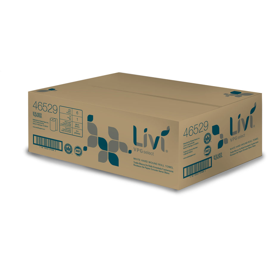 Livi Solaris Paper Hardwound Paper Towels - 1 Ply - 8" x 800 ft - White - Virgin Fiber - 6 / Carton