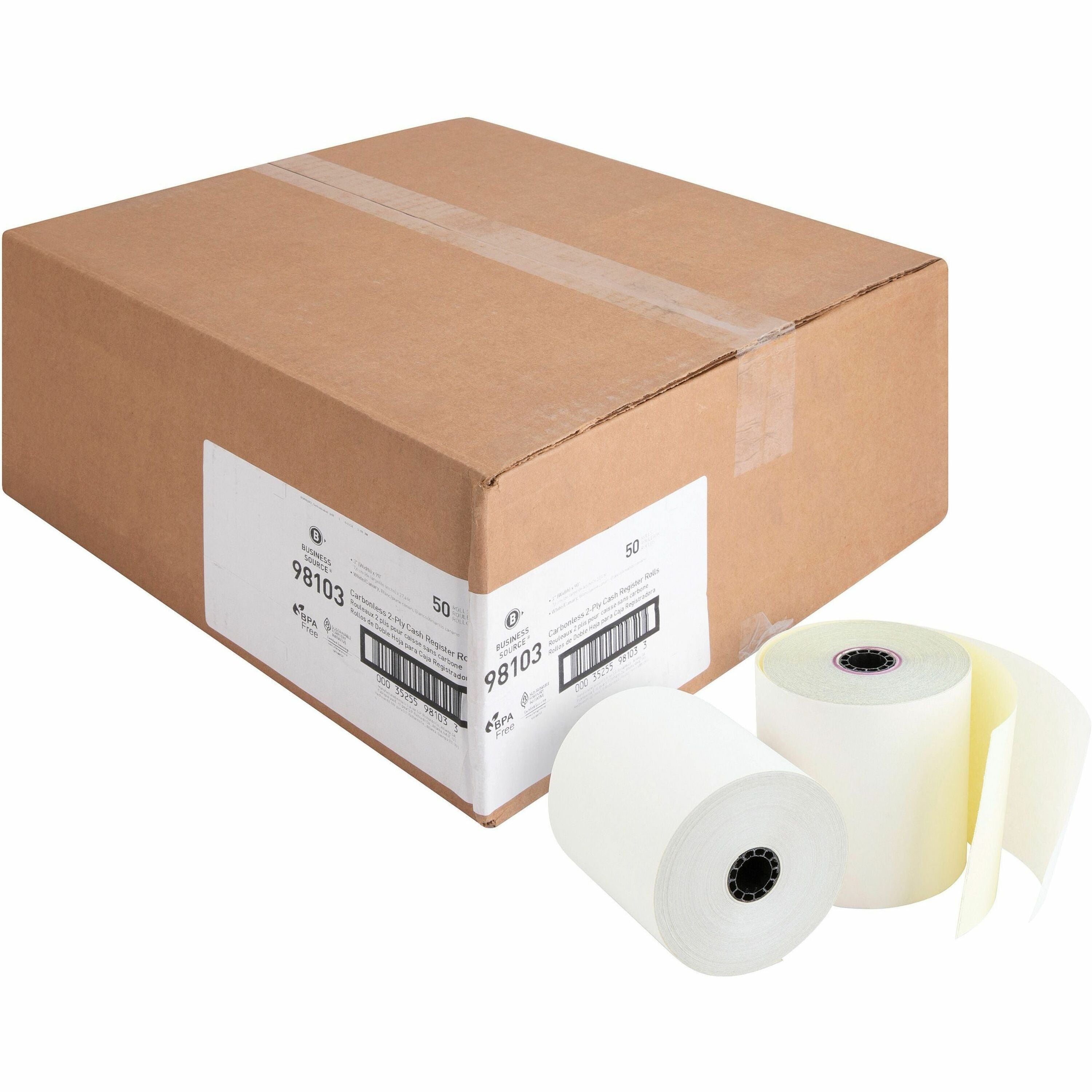 Business Source 2-part Carbonless Cash Register Rolls - 3" x 90 ft - Sustainable Forestry Initiative (SFI) - White - 50 / Carton