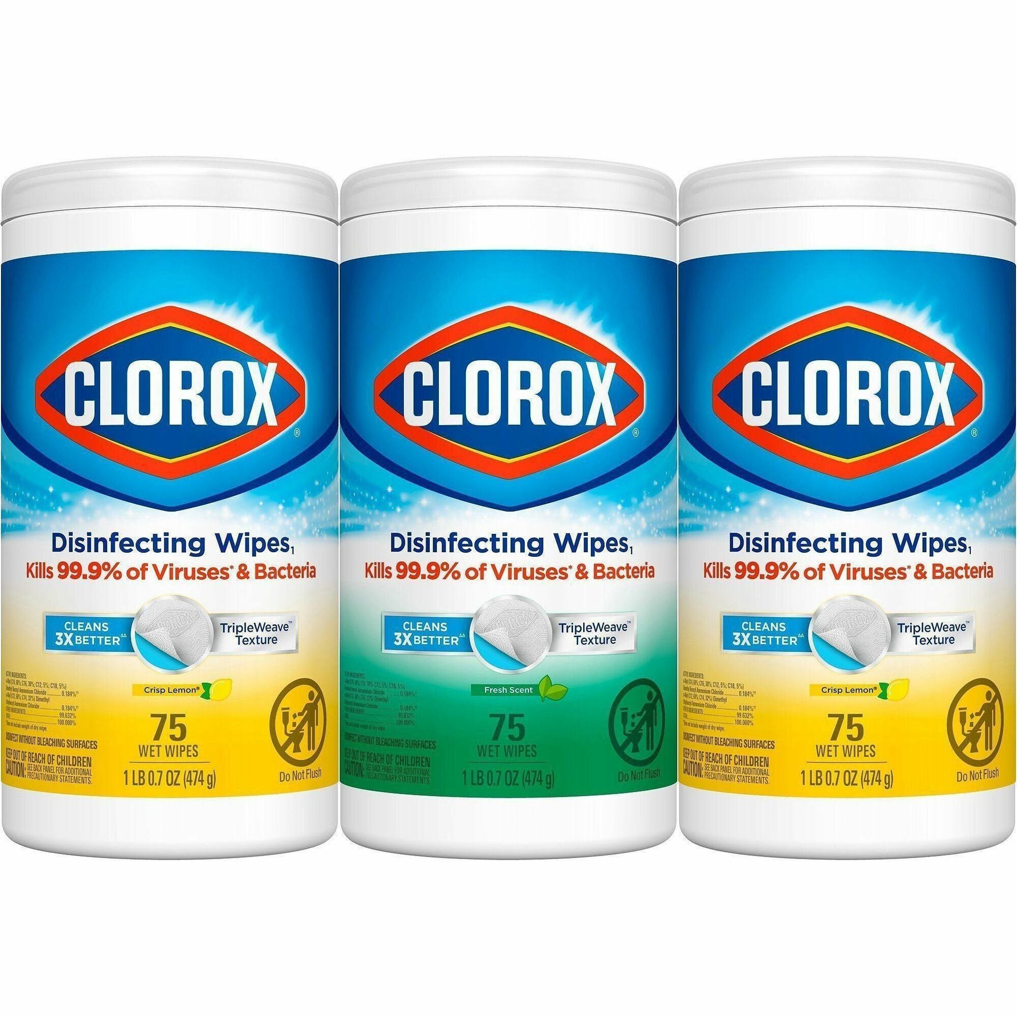 Clorox Disinfecting Bleach Free Cleaning Wipes Value Pack - Ready-To-Use - Fresh, Crisp Lemon Scent - 12" Length x 12" Width - Pre-moistened - White - 75/Tub - 3 / Pack