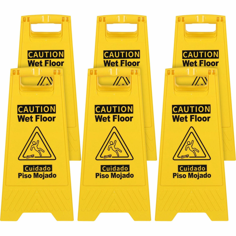 Genuine Joe Universal Graphic Wet Floor Sign - English, Spanish - Print/Message "Wet Floor" - Foldable - Yellow - 6 / Carton