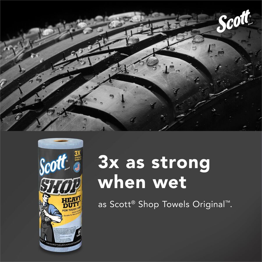 Scott Heavy Duty Shop Towels - 11" Width x 10.40" Length - 60 Sheets/Roll - Blue - Hydroknit - 12 / Carton