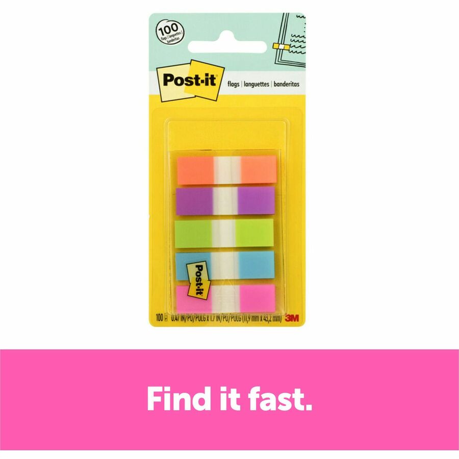 Post-it®  Flags in On-the-Go Dispenser - Bright Colors - 100 x Assorted - 1/2" Flag/Note Width x 1 3/4" Flag/Note Length - Orange, Purple, Green, Blue, Pink - Removable - 100 / Pack