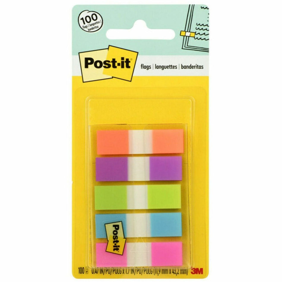 Post-it®  Flags in On-the-Go Dispenser - Bright Colors - 100 x Assorted - 1/2" Flag/Note Width x 1 3/4" Flag/Note Length - Orange, Purple, Green, Blue, Pink - Removable - 100 / Pack