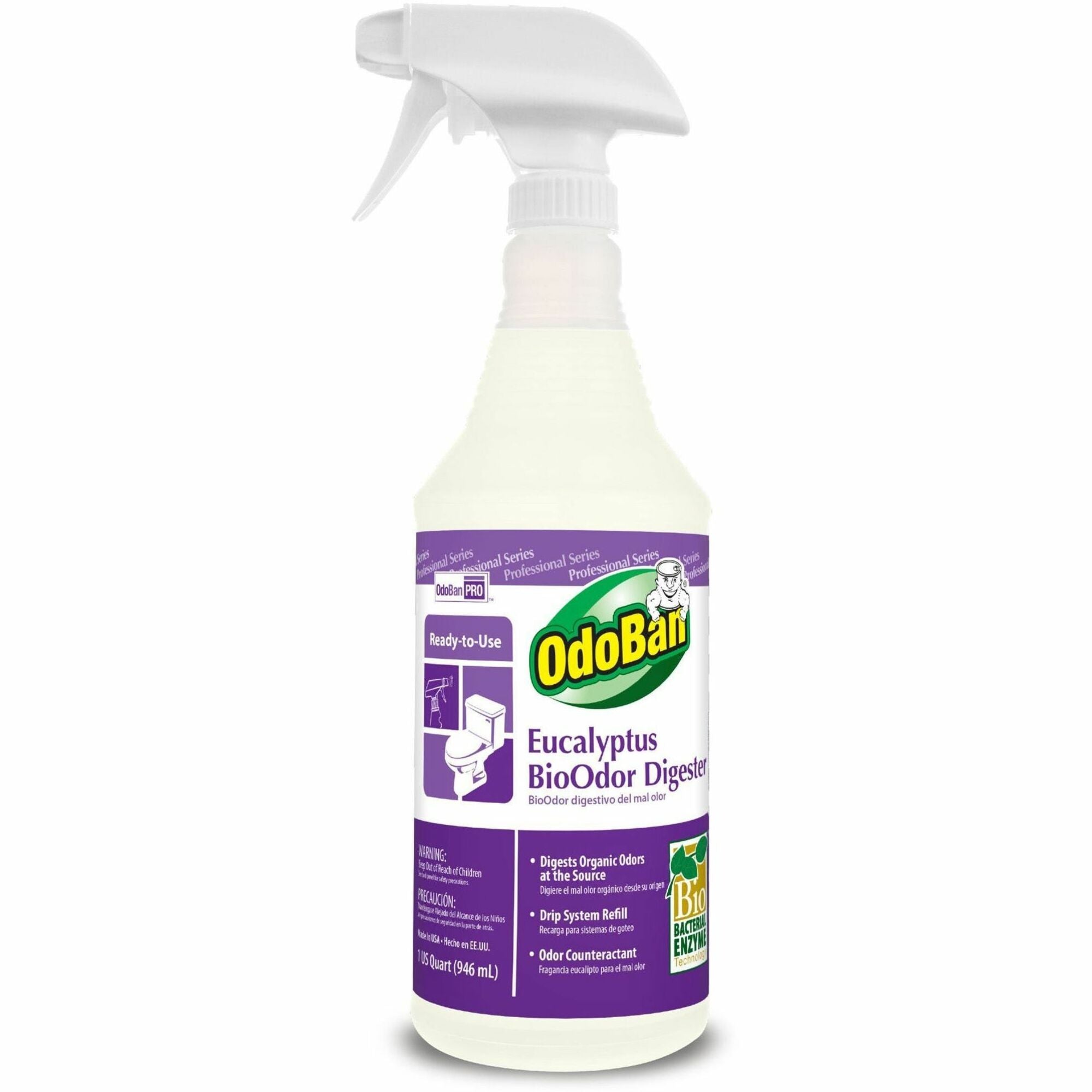 OdoBan Eucalyptus BioOdor Digester Spray - Ready-To-Use - 32 fl oz (1 quart) - Lavender Scent - Antibacterial - Purple - 12 / Carton