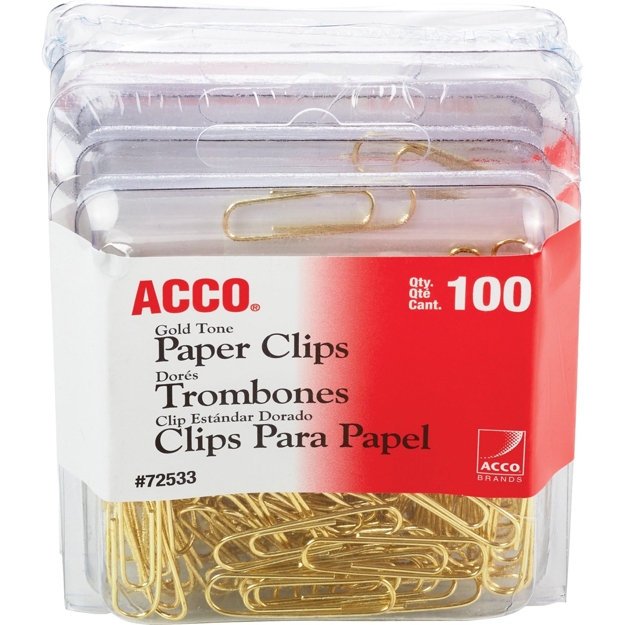 ACCO Gold Tone Paper Clips - No. 2 - 1.4" Length x 0.5" Width - 10 Sheet Capacity - for Office, Home, School, Document, Paper - Sturdy, Flex Resistant, Bend Resistant - Gold - 100/Box - 4 / Pack