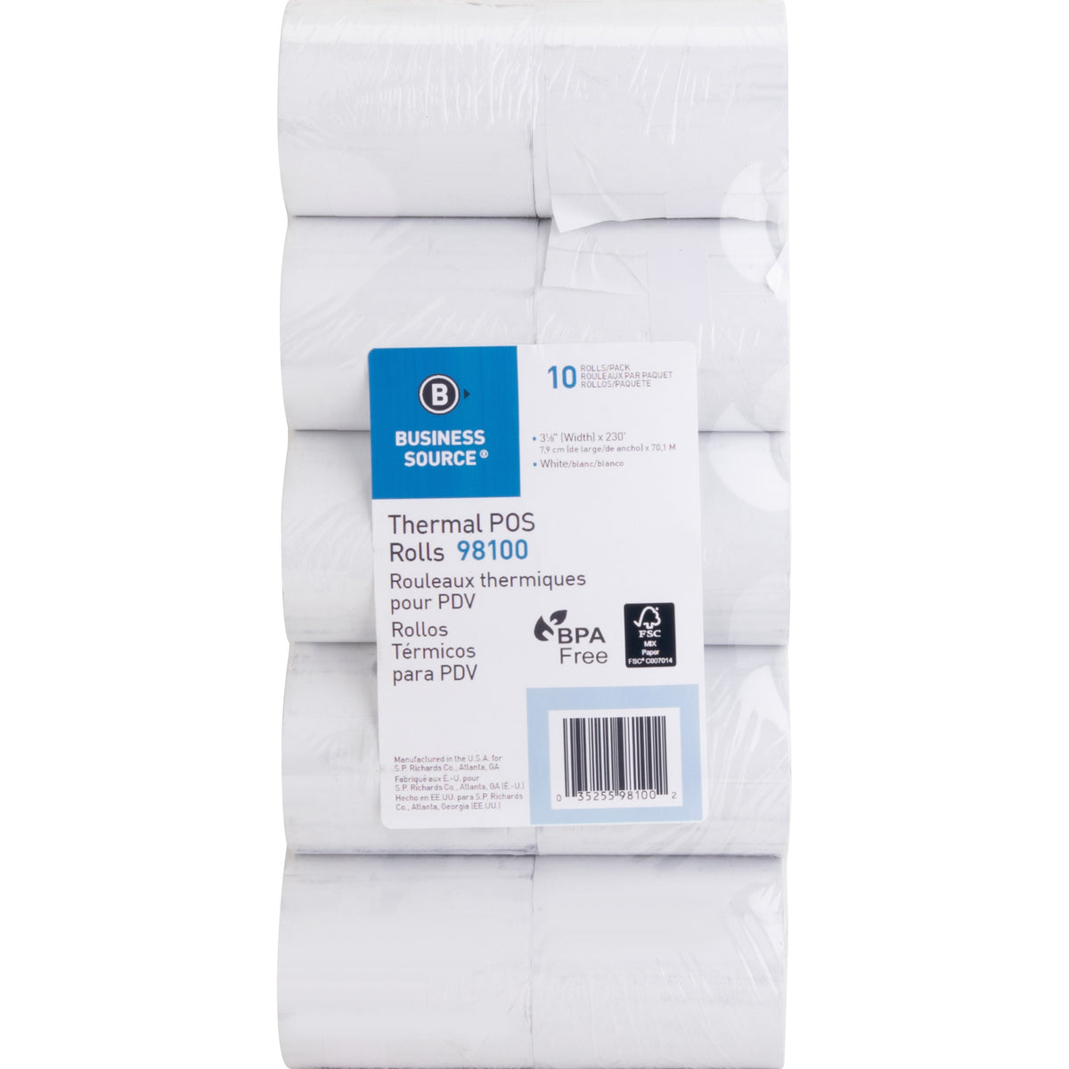 Business Source 3-1/8"x230' POS Receipt Thermal Rolls - 3 1/8" x 230 ft - 48 g/m&#178; Grammage - White - 10 / Pack