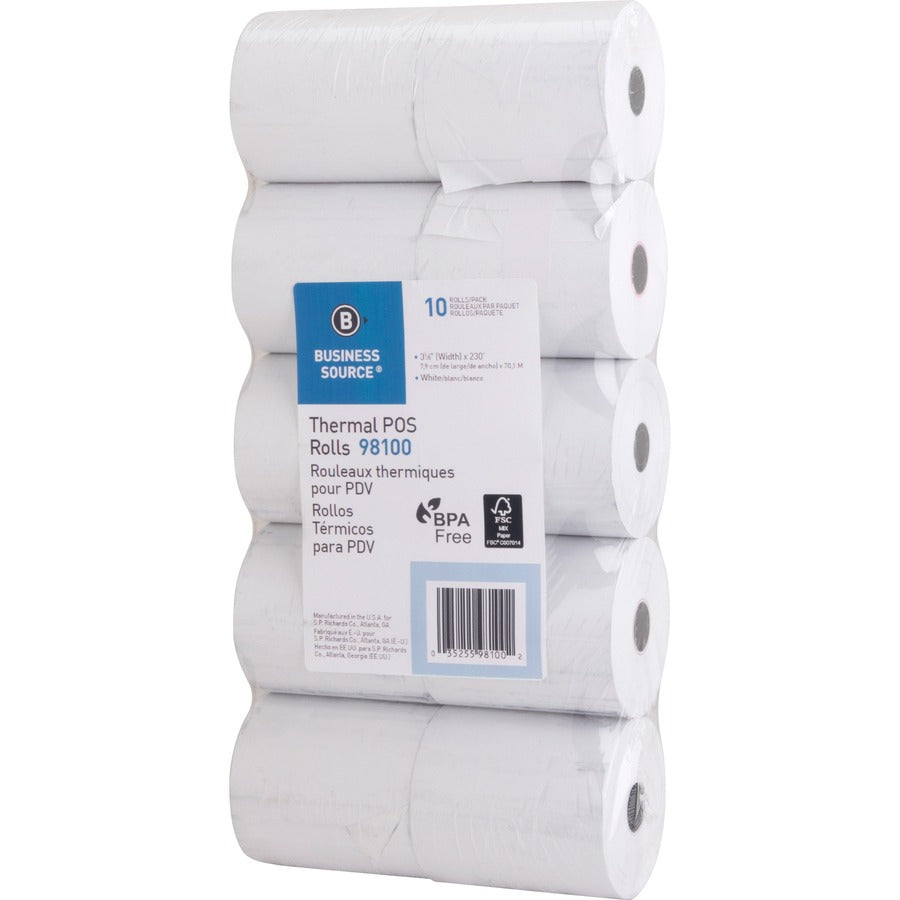 Business Source 3-1/8"x230' POS Receipt Thermal Rolls - 3 1/8" x 230 ft - 48 g/m&#178; Grammage - White - 10 / Pack