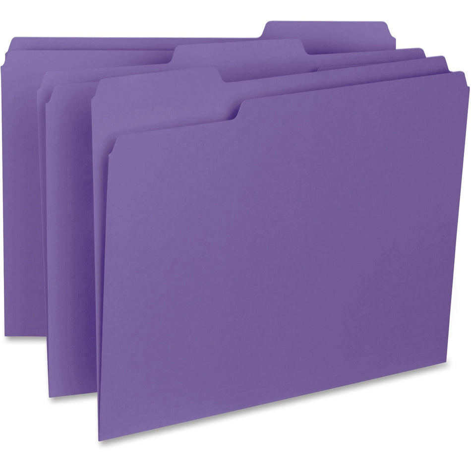 Business Source 1/3 Tab Cut Letter Recycled Top Tab File Folder - 8 1/2" x 11" - Top Tab Location - Assorted Tab Position - 11 pt. - Purple - 10% Recycled - 100 / Box