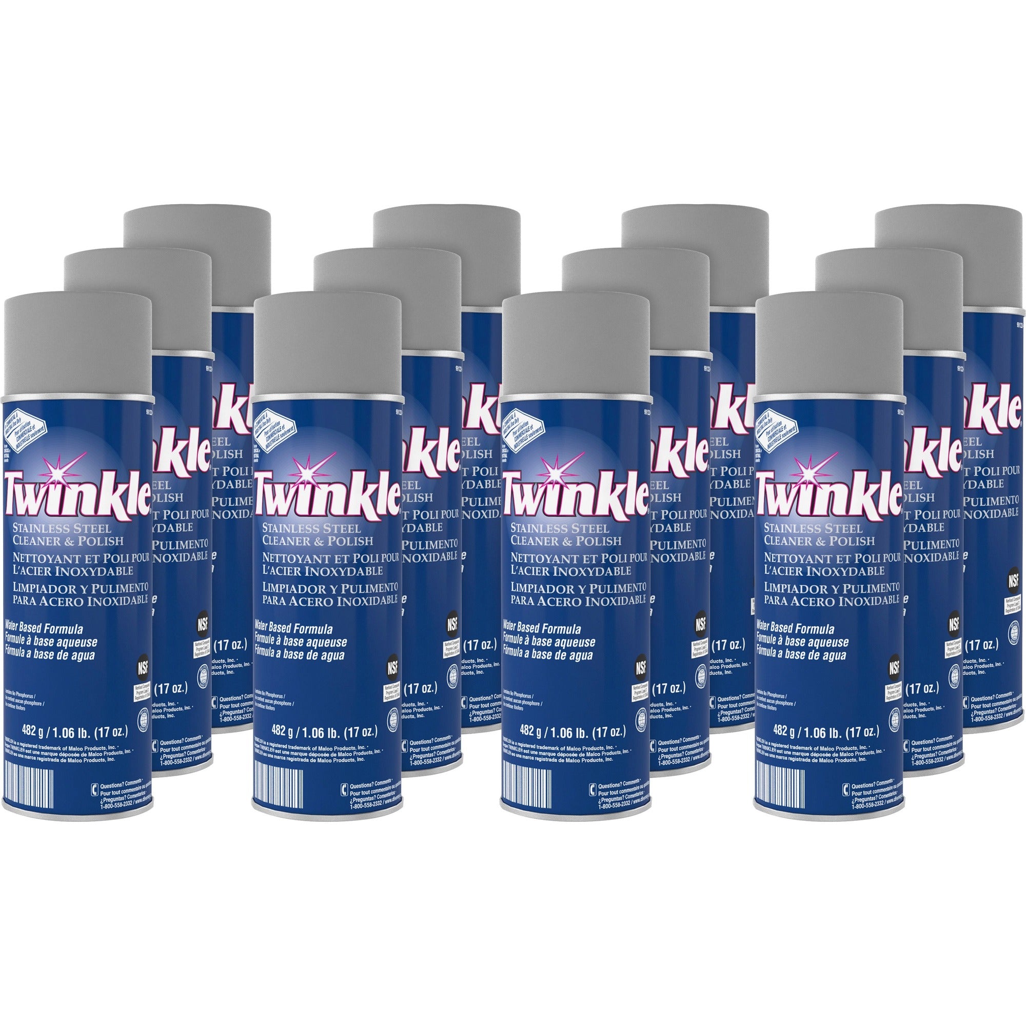 Twinkle Stainless Steel Cleaner/Polish - Ready-To-Use - 17 oz (1.06 lb) - Characteristic Scent - Film-free, Residue-free, Water Based, Lemon Scent, CFC-free - White - 12 / Carton