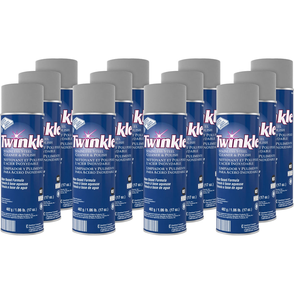 Twinkle Stainless Steel Cleaner/Polish - Ready-To-Use - 17 oz (1.06 lb) - Characteristic Scent - Film-free, Residue-free, Water Based, Lemon Scent, CFC-free - White - 12 / Carton