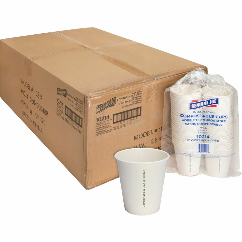 Genuine Joe 10 oz Eco-friendly Paper Cups - 50 / Pack - 10 fl oz - 20 / Carton - White - Paper - Coffee, Tea, Hot Chocolate
