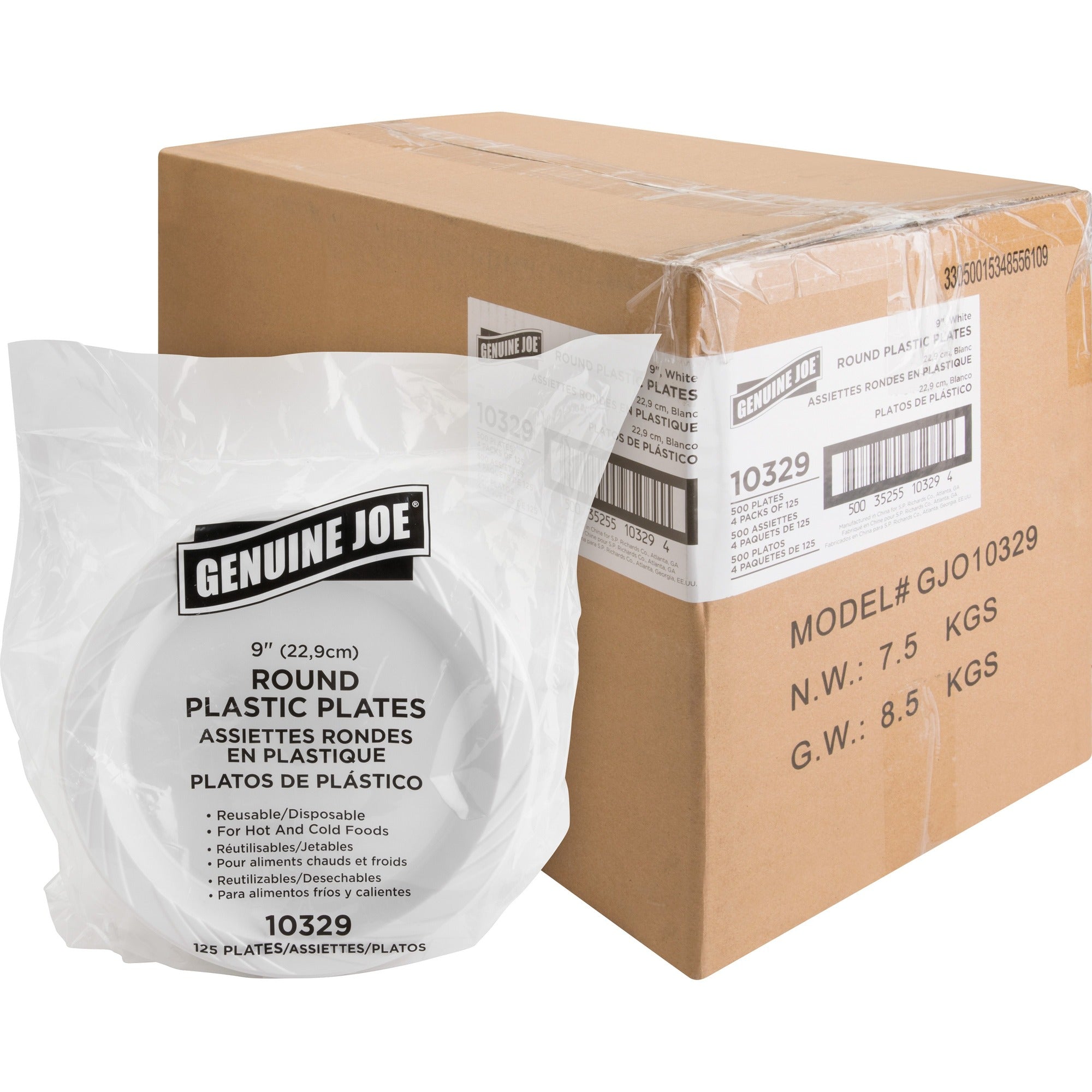 Genuine Joe 9" Reusable Plastic Plates - Serving - Disposable - 9" Diameter - White - Plastic Body - 125/Pack - 4 / Carton
