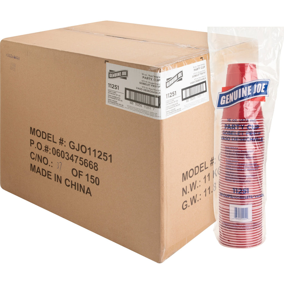Genuine Joe 16 oz Party Cups - 16 fl oz - Red - Plastic - Party, Cold Drink, Beverage - 50/Pack - 20 / Carton