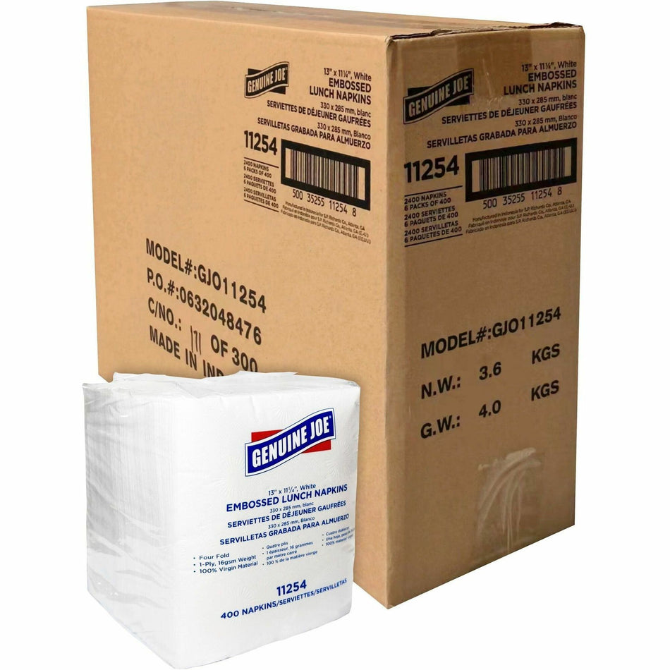 Genuine Joe Lunch Napkins - 1 Ply - Quarter-fold - 13" Width x 11.25" Length - White - 400/Pack - 6 / Carton