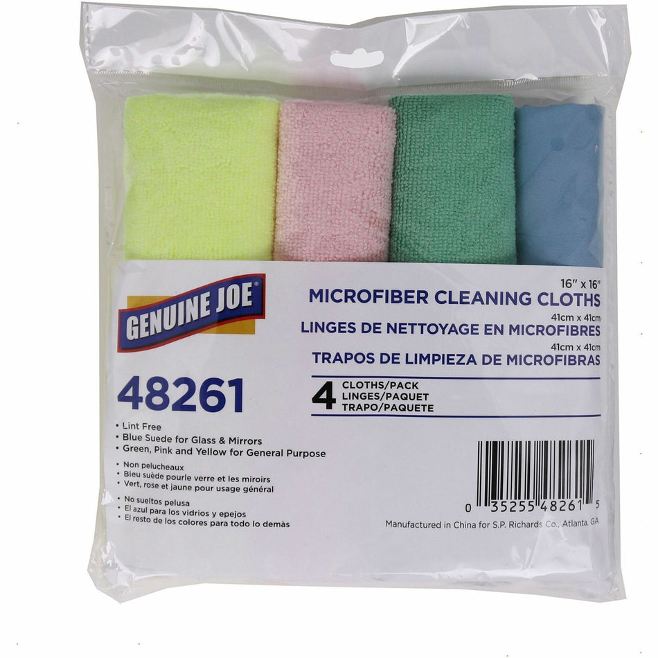 Genuine Joe Color-coded Microfiber Cleaning Cloths - 16" Width x 16" Length - Assorted - MicroFiber - 4/Pack - 36 / Carton