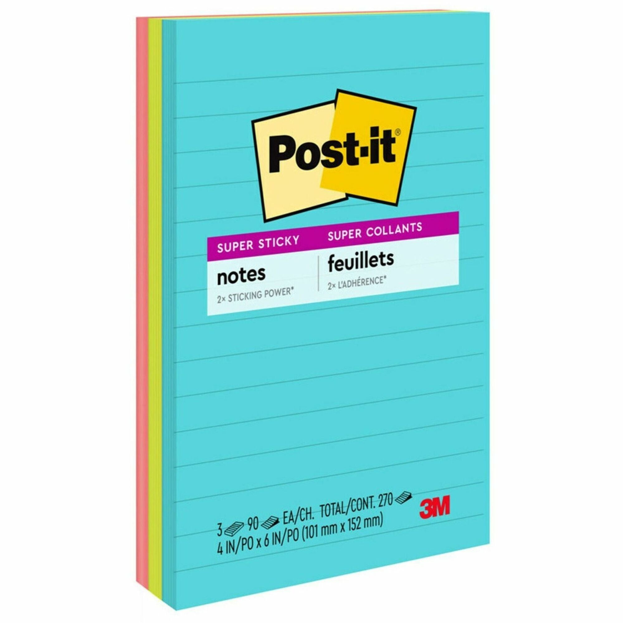 Post-it® Super Sticky Notes - Supernova Neons Color Collection - 270 x Multicolor - 4" Flag/Note Width x 6" Flag/Note Length - Rectangle - 90 Sheets per Pad - Ruled - Aqua Splash, Acid Lime, Guava - Paper - Self-adhesive, Recyclable - 3 / Pack