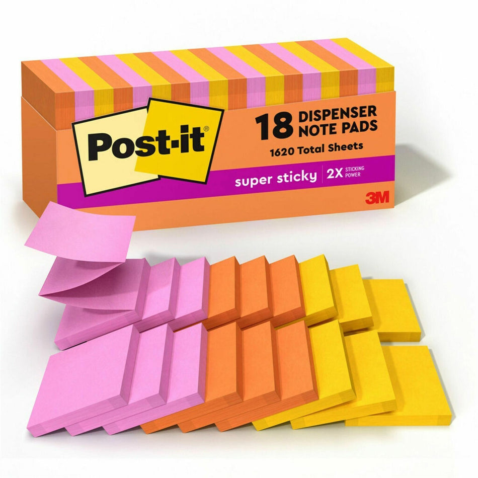 Post-it® Super Sticky Dispenser Notes - Energy Boost Color Collection - 3" Flag/Note Width x 3" Flag/Note Length - Rectangle - Vital Orange, Tropical Pink, Sunnyside - Paper - Self-adhesive, Removable, Recyclable - 18 / Pack