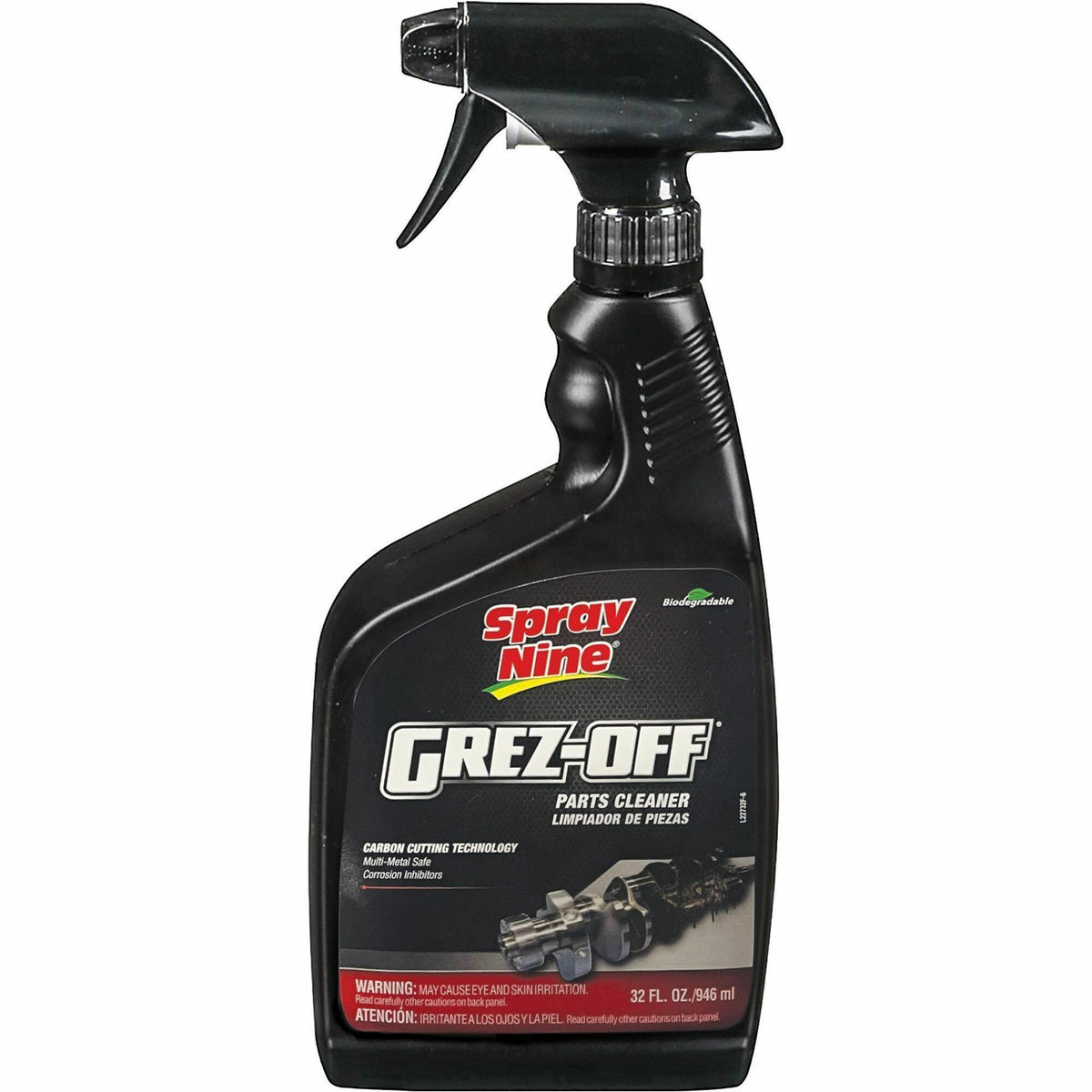 Spray Nine Grez-Off Parts Cleaner Degreaser - For Multipurpose - 32 fl oz (1 quart) - Recommended For: Grease Remover, Dirt Remover - Non-flammable, Solvent-free, Water Soluble, VOC-free, Odorless, Fume-free, Heavy Duty - Clear Bottle - 12 / Carton