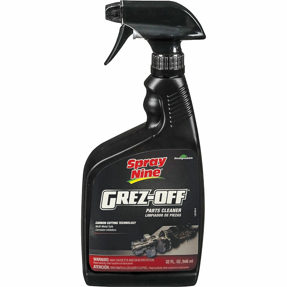 Spray Nine Grez-Off Parts Cleaner Degreaser - For Multipurpose - 32 fl oz (1 quart) - Recommended For: Grease Remover, Dirt Remover - Non-flammable, Solvent-free, Water Soluble, VOC-free, Odorless, Fume-free, Heavy Duty - Clear Bottle - 12 / Carton