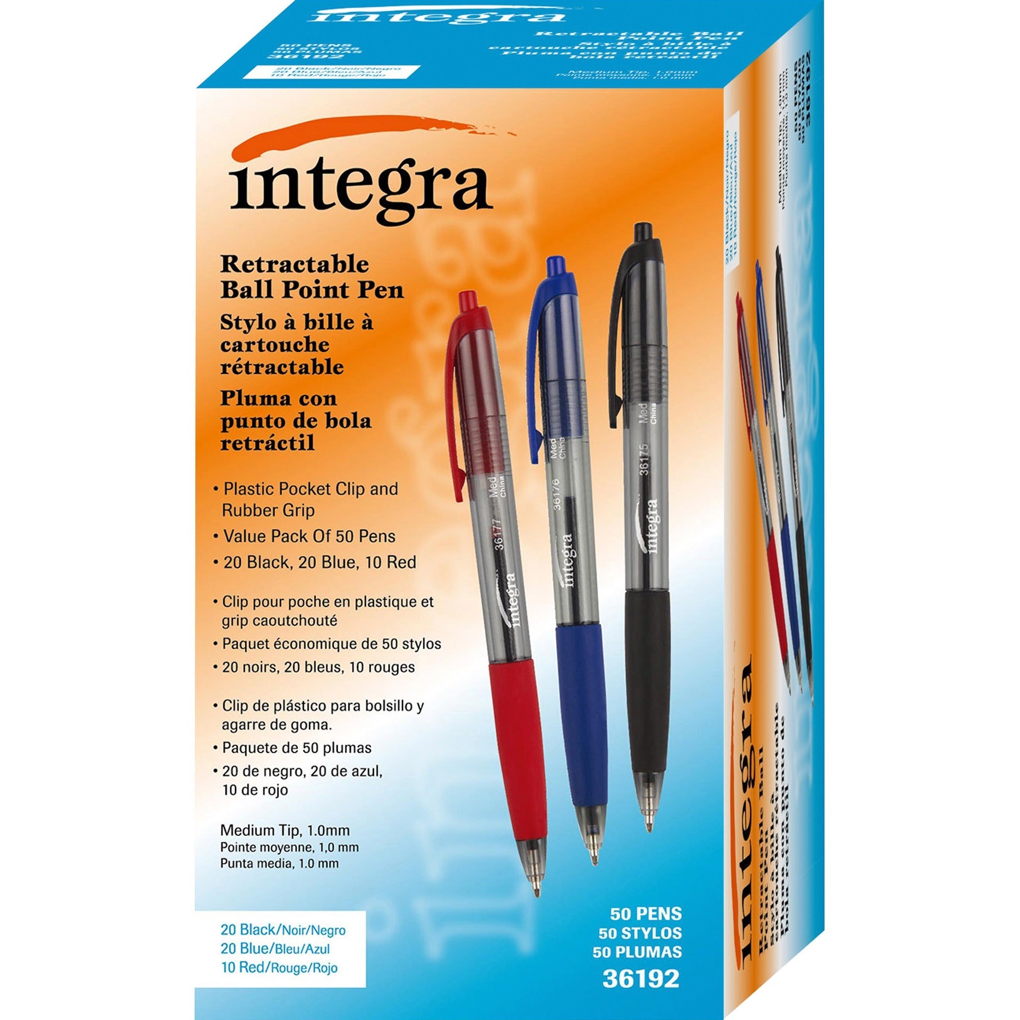 Integra 1.0mm Retractable Ballpoint Pen - 1 mm Medium Pen Point - Retractable - Assorted Ink - 50 / Box