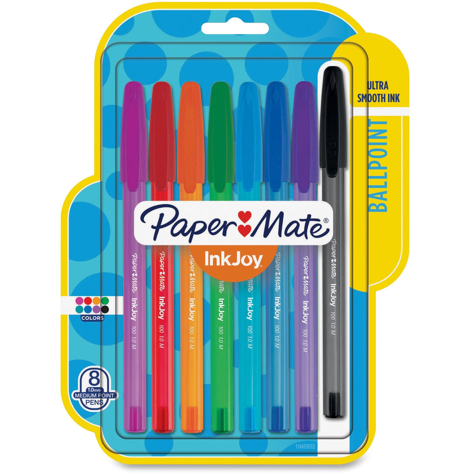 Paper Mate InkJoy 100 ST Pens - 1 mm Medium Pen Point - Assorted Ink - Translucent Barrel - 8 / Pack