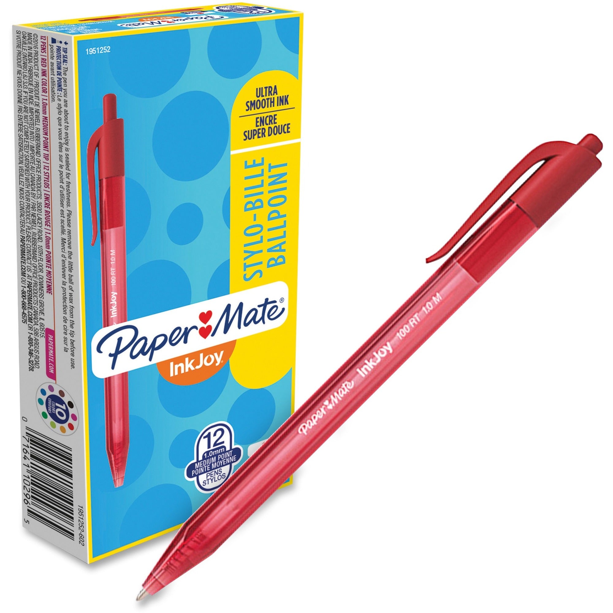 Paper Mate InkJoy 100 RT Pens - 1 mm Medium Pen Point - Retractable - Red Ink - Translucent Barrel - 1 Dozen