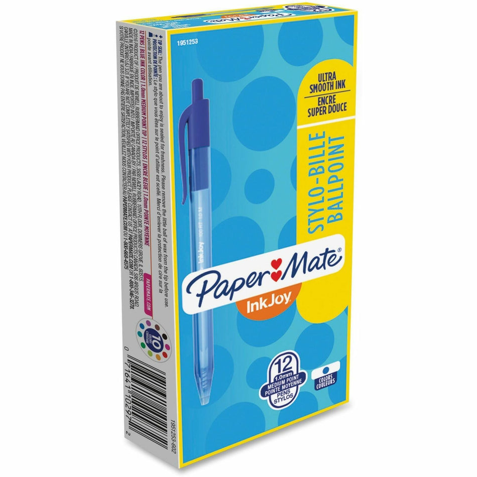 Paper Mate InkJoy 100 RT Pens - 1 mm Medium Pen Point - Retractable - Blue Ink - Translucent Barrel - 1 Dozen