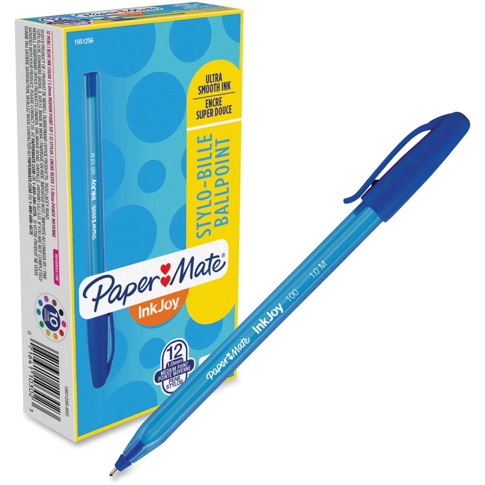 Paper Mate Inkjoy 100 ST Ballpoint Stick Pens - 1 mm Medium Pen Point - Blue Ink - Translucent Barrel - 12 / Box