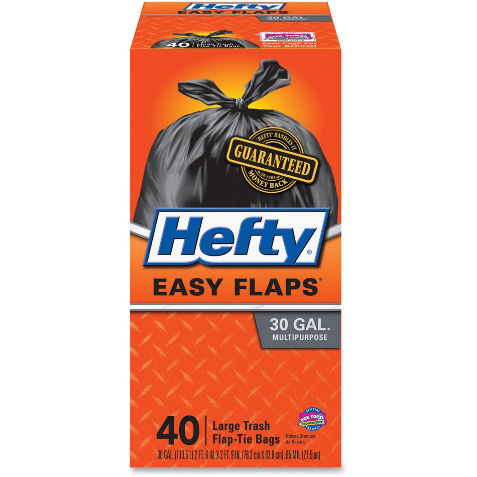 Hefty Easy Flaps 30-gallon Large Trash Bags - Large Size - 30 gal Capacity - 33" Length x 30" Width x 0.85 mil (22 Micron) Thickness - Drawstring Closure - Black - Can - Recycled - 40/Box - 6 / Carton