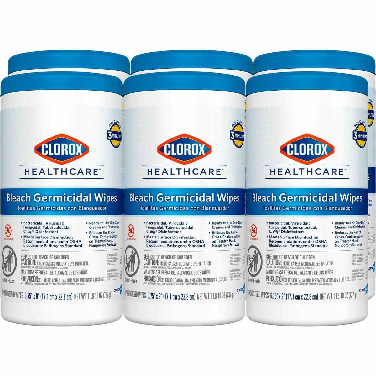 Clorox Healthcare Bleach Germicidal Wipes - Ready-To-Use - 9" Length x 6.75" Width - Disinfectant, Antimicrobial, Anti-corrosive, Unscented - White - 70/Tub - 6 / Carton