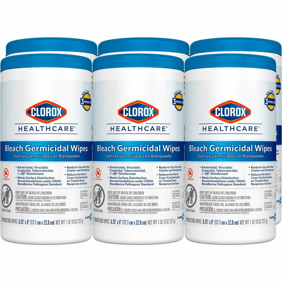 Clorox Healthcare Bleach Germicidal Wipes - Ready-To-Use - 9" Length x 6.75" Width - Disinfectant, Antimicrobial, Anti-corrosive, Unscented - White - 70/Tub - 6 / Carton