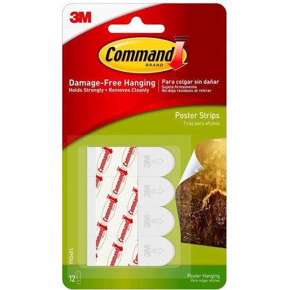 Command Small Poster Strips: 1.75’’ x 0.63’’ White Foam - 12 Pack - Mounting Tape & Putty