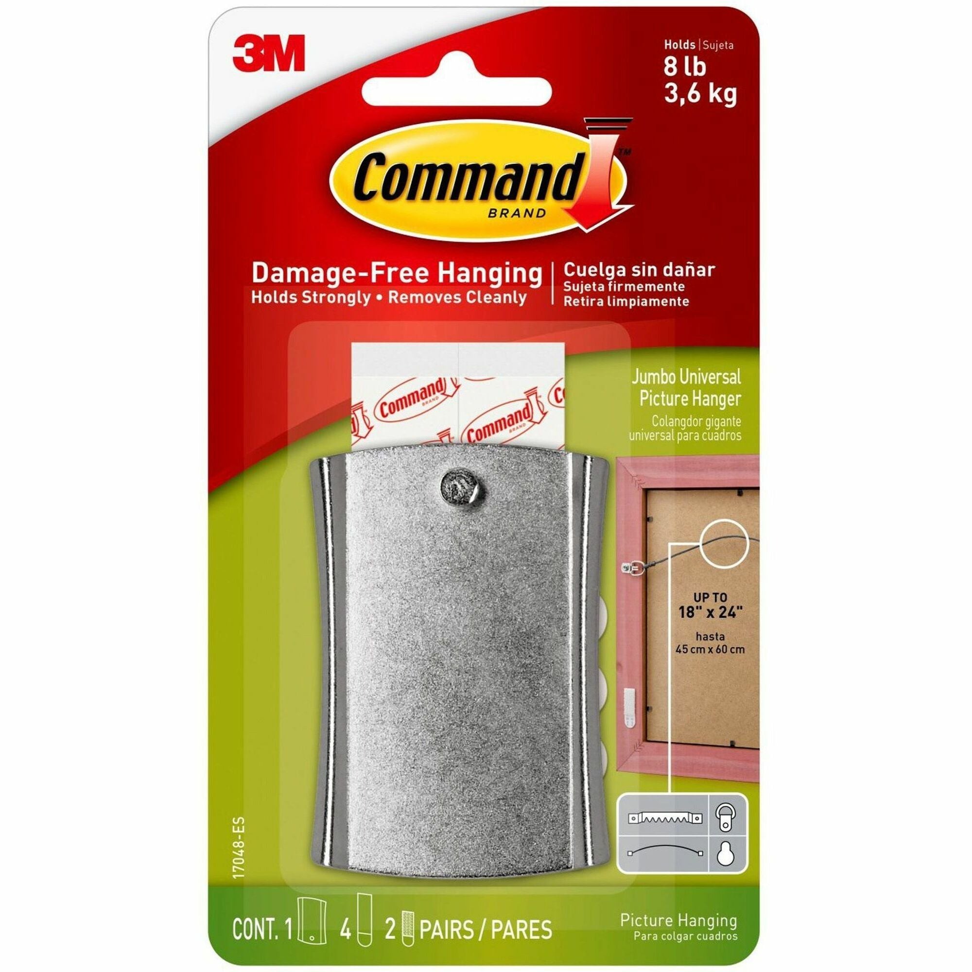 Command Sticky Nail Wire-Backed Hanger - 8 lb (3.63 kg) Capacity - for Decoration, Pictures - Metal - Silver - 1 / Pack