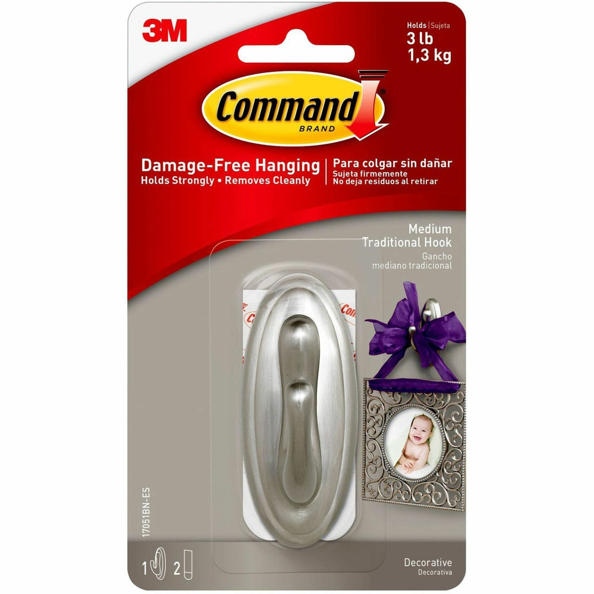 Command Medium Traditional Hook, Brushed Nickel - 3 lb (1.36 kg) Capacity - 1.3" Width x 3.1" Length - for Decoration - Plastic - Metallic Silver - Brushed Nickel - 1 / Pack