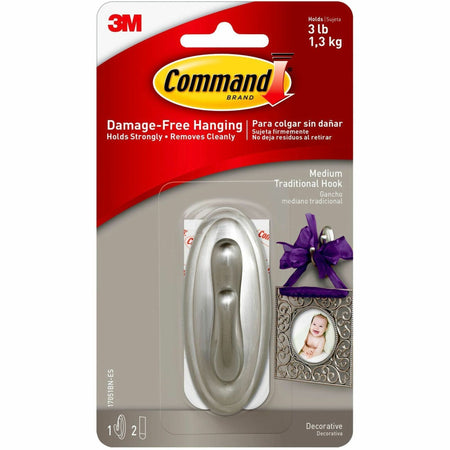 Command Medium Traditional Hook, Brushed Nickel - 3 lb (1.36 kg) Capacity - 1.3" Width x 3.1" Length - for Decoration - Plastic - Metallic Silver - Brushed Nickel - 1 / Pack