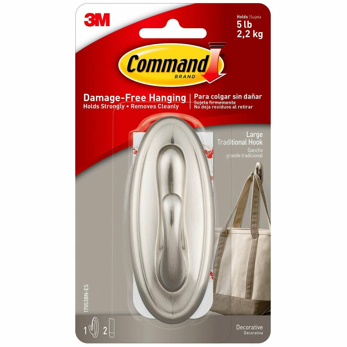Command Traditional Hook - Large - 5 lb (2.27 kg) Capacity - for Decoration - Plastic - Metallic Silver - Brushed Nickel - 1 / Pack