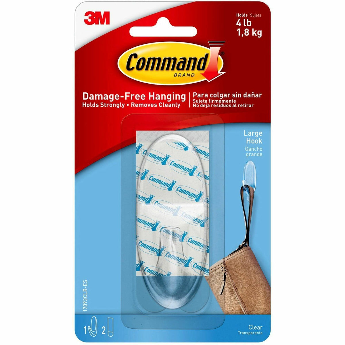 Command Large Hook with Clear Strips - 4 lb (1.81 kg) Capacity - 1.4" Width x 3.4" Length - for Decoration - Plastic - Clear - 1 / Pack