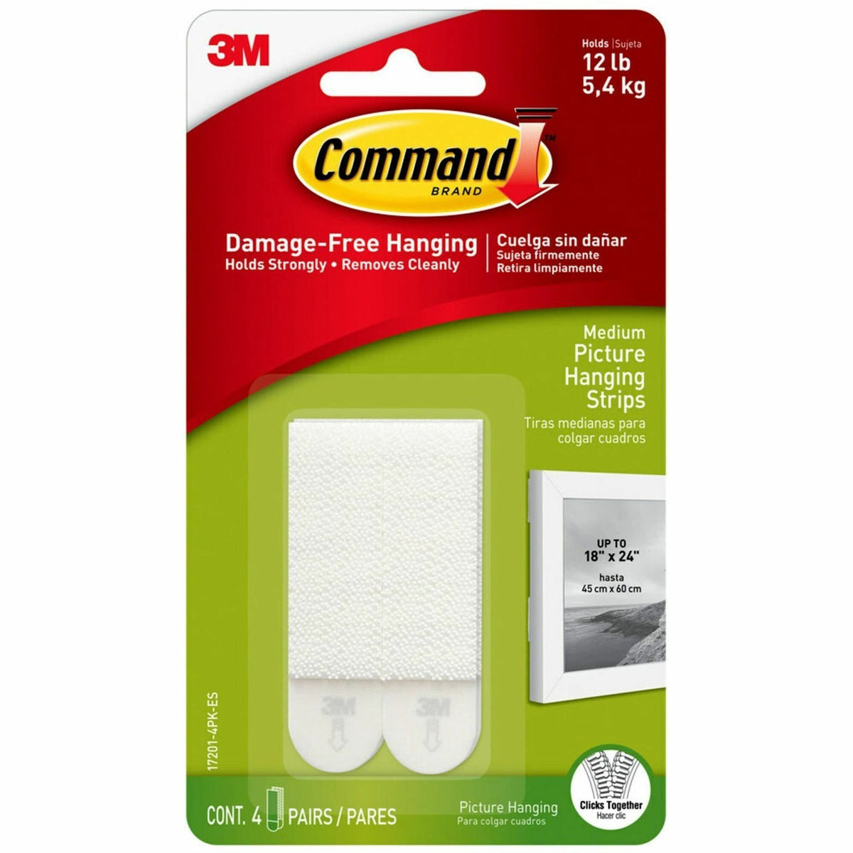 Command Medium Picture Hanging Strips - 2.75" Length x 0.63" Width x 100 mil Thickness - White - Foam - 2/Set - 4 / Pack