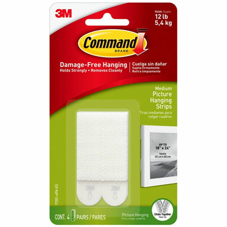 Command Medium Picture Hanging Strips - 2.75" Length x 0.63" Width x 100 mil Thickness - White - Foam - 2/Set - 4 / Pack