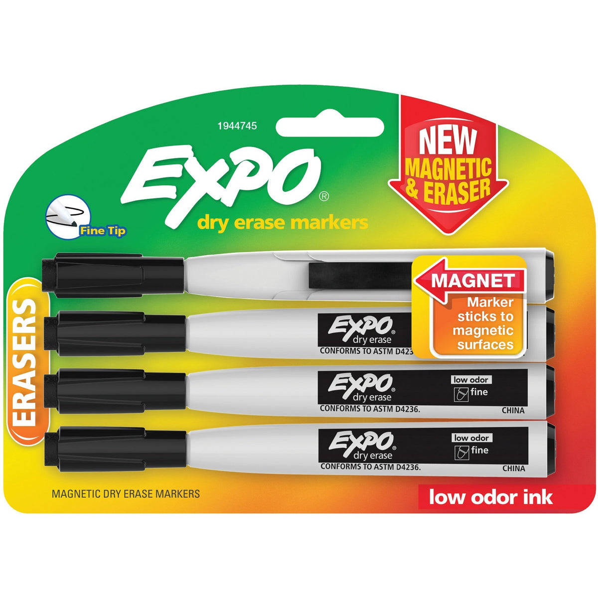 Expo Eraser Cap Fine Magnetic Dry Erase Markers - Medium, Fine, Broad Marker Point - Black Ink - 4 / Pack