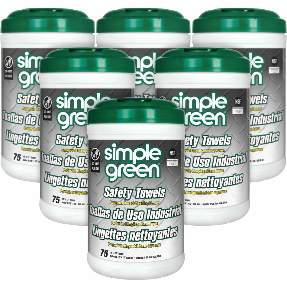 Simple Green Multi-Purpose Cleaning Safety Towels - 10" Width x 11.75" Length - Green - 75/Tub - 6 / Carton