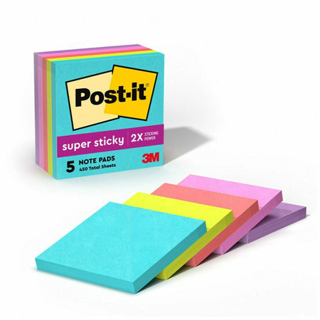 Post-it® Super Sticky Notes - Supernova Neons Color Collection - 3" Flag/Note Width x 3" Flag/Note Length - Square - 90 Sheets per Pad - Aqua Splash, Acid Lime, Guava, Tropical Pink, Iris Infusion - Paper - Recyclable, Repositionable - 5 / Pack