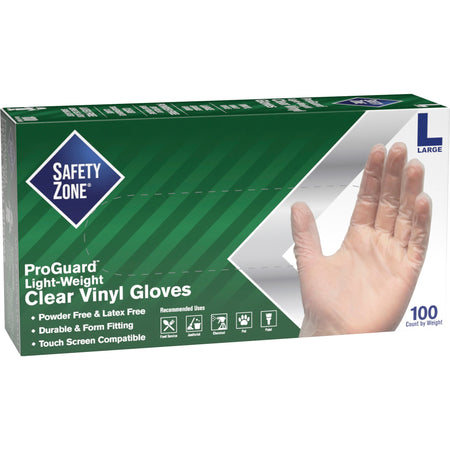 Safety Zone Powder Free Clear Vinyl Gloves - 9.25" Glove Length - Large Size - Clear - Latex-free, DEHP-free, DINP-free, PFAS-free, Comfortable, Silicone-free - For Janitorial Use, Cosmetics, Painting, Cleaning, General Purpose, Pet Care - 100 / Box