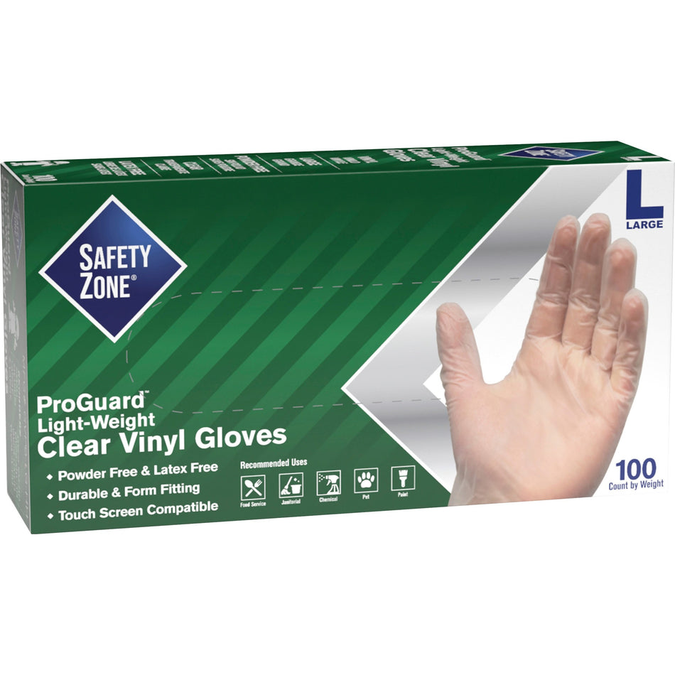 Safety Zone Powder Free Clear Vinyl Gloves - 9.25" Glove Length - Large Size - Clear - Latex-free, DEHP-free, DINP-free, PFAS-free, Comfortable, Silicone-free - For Janitorial Use, Cosmetics, Painting, Cleaning, General Purpose, Pet Care - 100 / Box