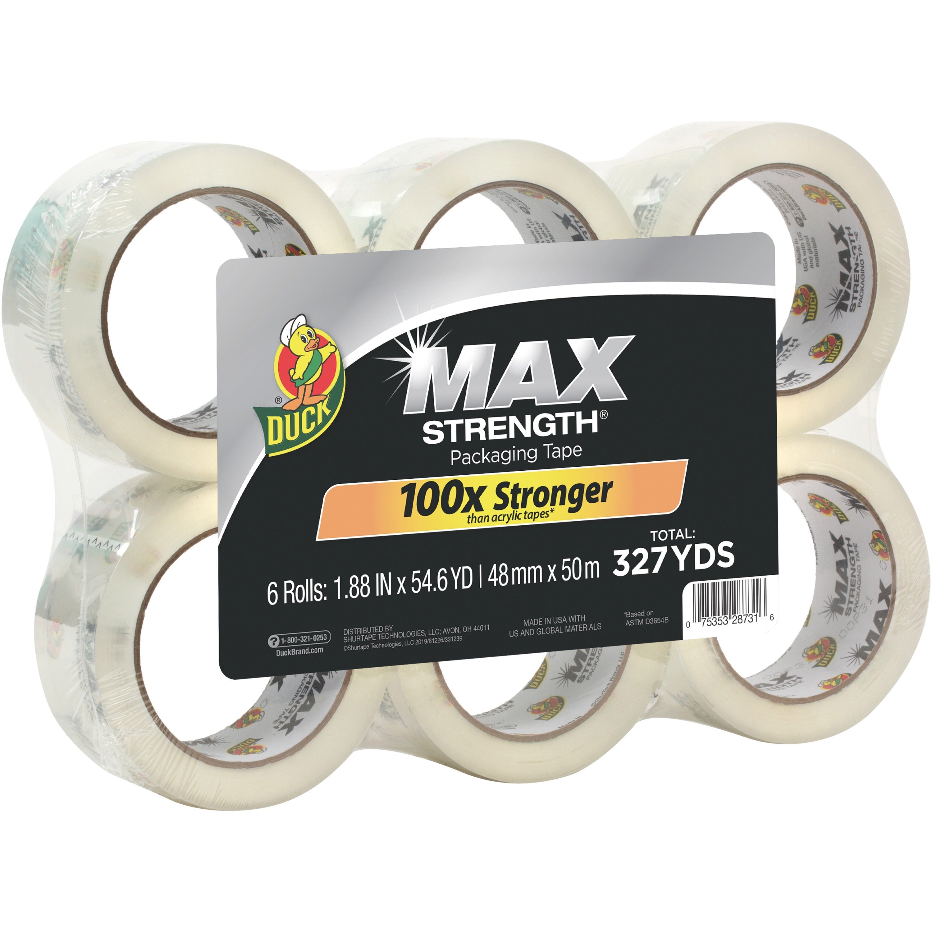 Duck Brand Brand Max Strength Packaging Tape - 54.60 yd Length x 1.88" Width x 3.1 mil Thickness - Clear - 6 / Pack