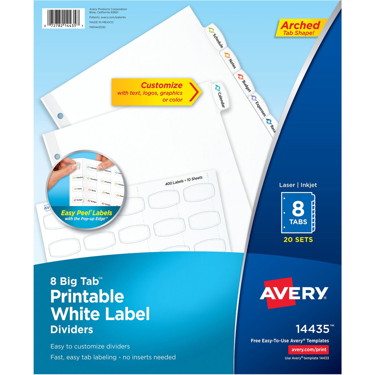 Avery® Big Tab Printable White Label Dividers - 160 x Divider(s) - 8 - 8 Tab(s)/Set - 8.5" Divider Width x 11" Divider Length - 3 Hole Punched - White Paper Divider - White Paper Tab(s) - 20% Recycled - 20 / Box
