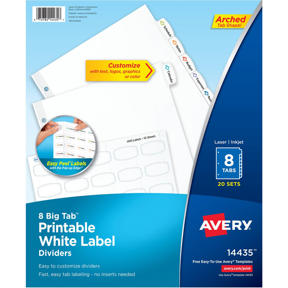 Avery® Big Tab Printable White Label Dividers - 160 x Divider(s) - 8 - 8 Tab(s)/Set - 8.5" Divider Width x 11" Divider Length - 3 Hole Punched - White Paper Divider - White Paper Tab(s) - 20% Recycled - 20 / Box